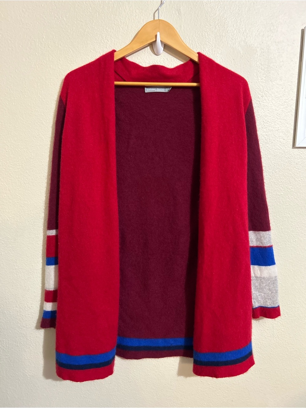 Color Works by InCashmere Open-Front Red Burgundy Blue Women's Cardigan Large